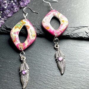 Artisan Pink Floral Designed Dangle Earrings with Feather Charms